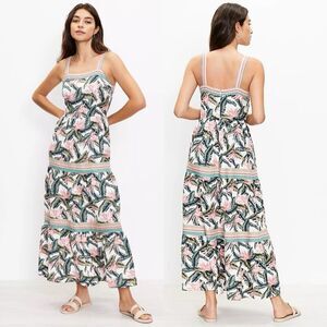 LOFT Paradise Tiered Tropical Vacation Floral Linen Blend Long Maxi Dress Large